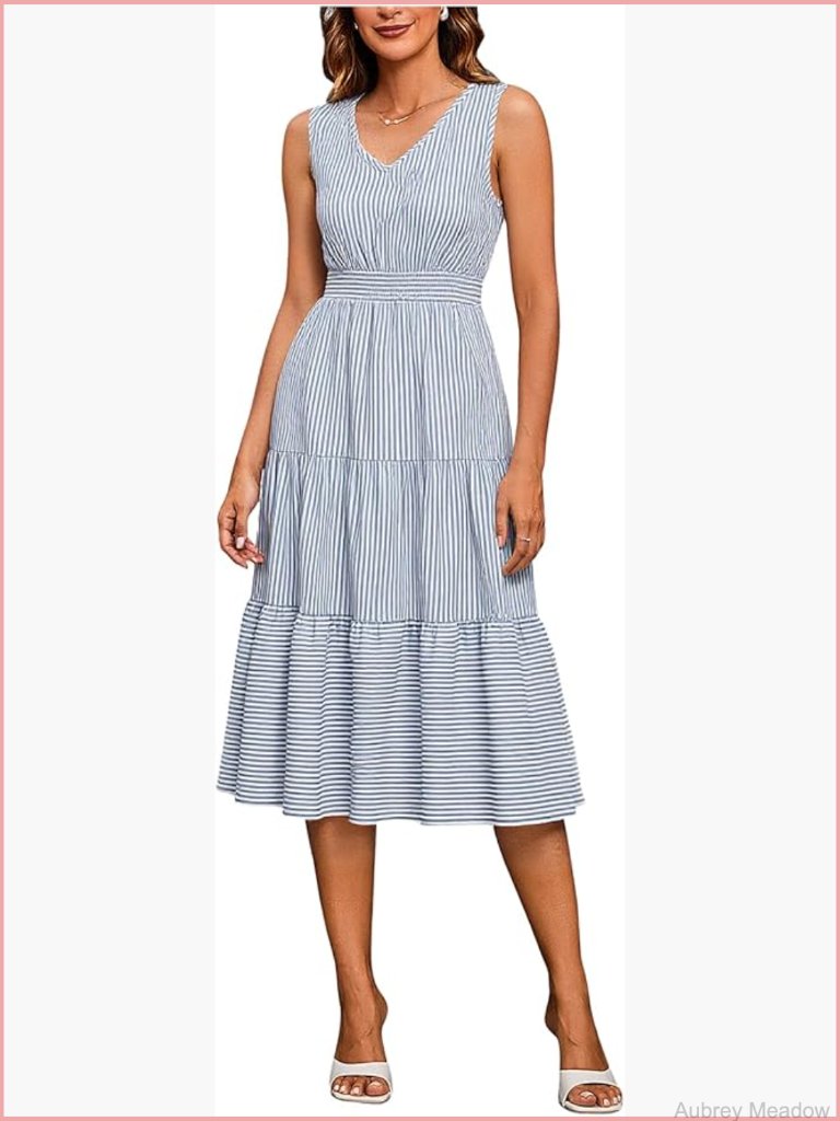 Striped Tiered Ruffle Midi Dress V-Neck Sleeveless A-Line Flowly Beach Vacation